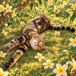 Almofada Gato Malhado Relaxando Entre Flores de Plumeria Tr