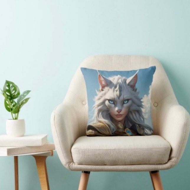 Almofada Gato Malvado de Olhos Azuis (Throw Pillow 100% polyester heavyweight stretch material. Hidden zipper Made in the USA.
)