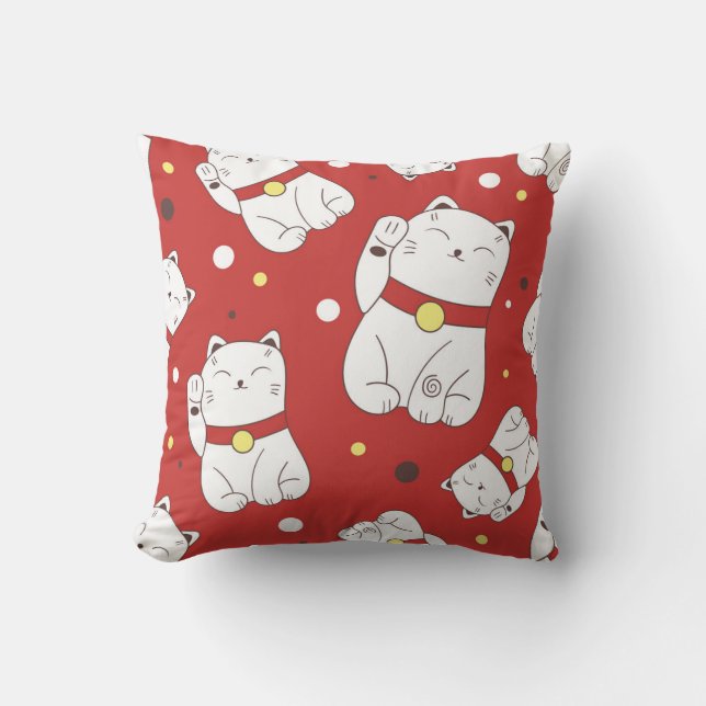 Almofada Gato Maneki-Neko, padrão de rabiscos japoneses. (Frente)
