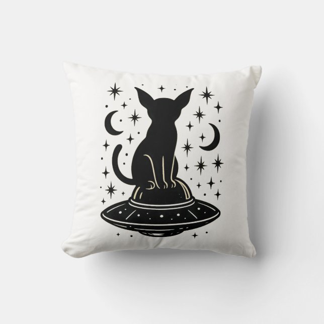 Almofada Gato Místico em OVNI com Estrelas e Luas (Frente)
