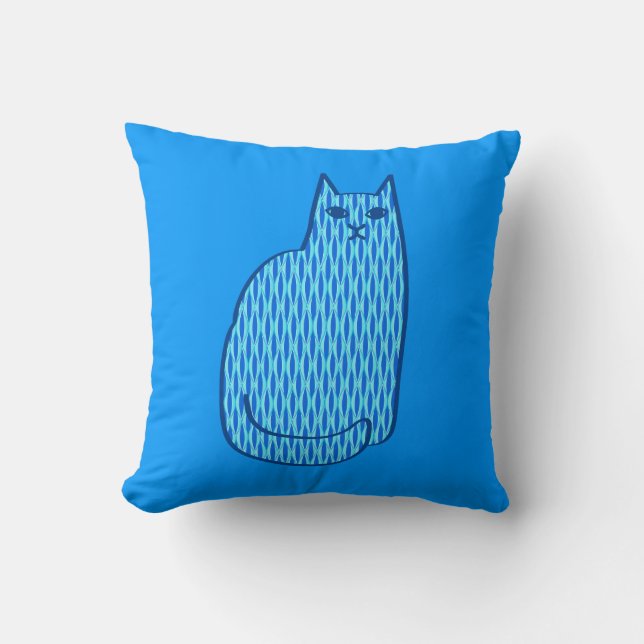 Almofada Gato Moderno do Século médio, Cobalto e Azul Claro (Frente)