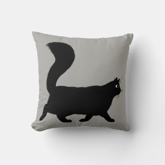 Almofada Gato Negra Andando | Gatinho legal com a Cauda Flu (Frente)