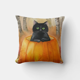 Almofada Gato Negro de Aquarela no Pumpkin Autumn Hall