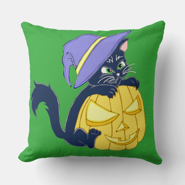 Almofada Gato Negro e Abóbora do Halloween (Frente)