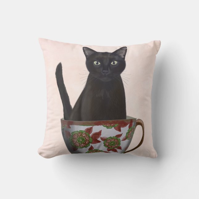 Almofada Gato Negro em Teacup (Frente)