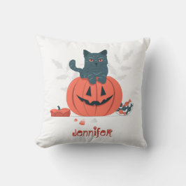 Almofada Gato Negro Halloween Sentado na Abóbora