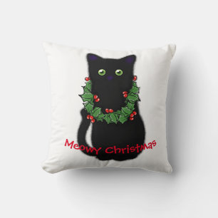 Almofada Gato negro Meowy Christmas Holly garland