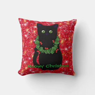 Almofada Gato negro Meowy Christmas Holly garland