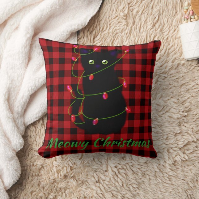 Almofada Gato negro | Meowy Christmas | luz estrelada (Cobertor)