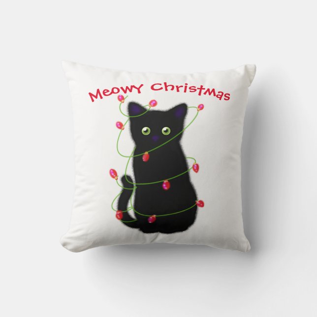 Almofada Gato negro | Meowy Christmas | Luzes cintilantes (Frente)