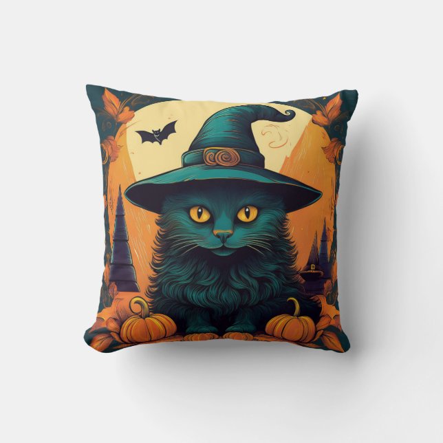 Almofada Gato Negro num Chapéu de Bruxas (Frente)