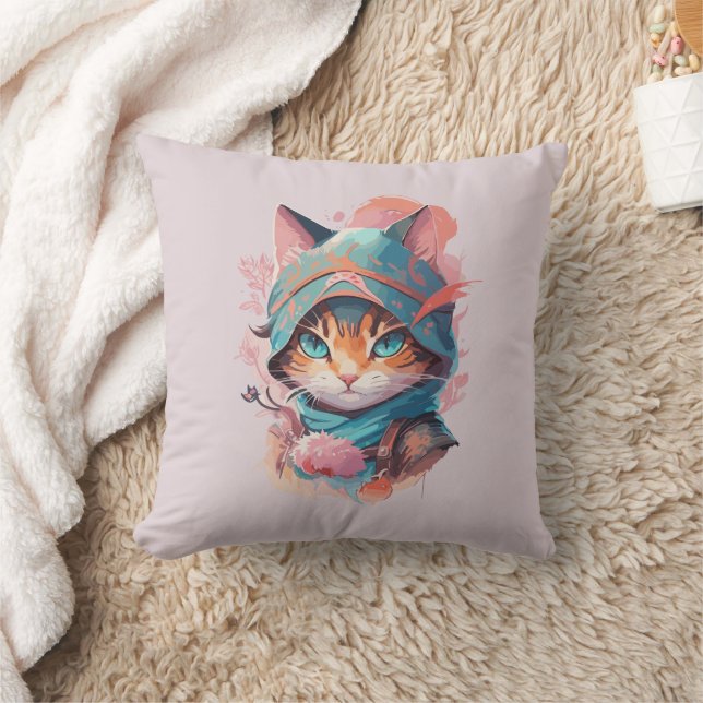 Almofada Gato Ninja Encapuzado de Aquarela Fofo (Cobertor)