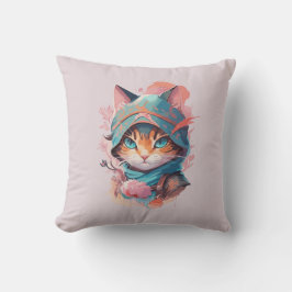 Almofada Gato Ninja Encapuzado de Aquarela Fofo