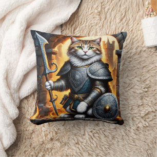 Almofada Gato Nobre na Armadura Segurando Espada e Blindage