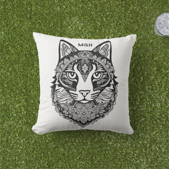 Almofada Gato Ornamental Monograma Personalizado (Grama)