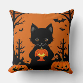 Almofada Gato Preto Abóbora Aconchegante Amuleto da Noite d