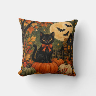 Almofada Gato Preto Abóbora Vintage Halloween Outono Decora