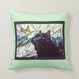 Almofada Gato preto & borboleta (no fundo da hortelã)