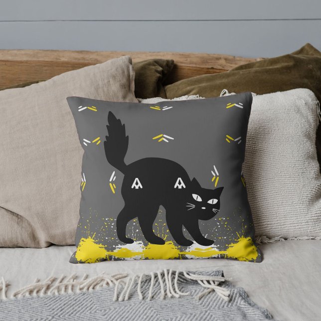 Almofada Gato Preto Branco Amarelo Padrão Cinza Personaliza (Criador carregado)