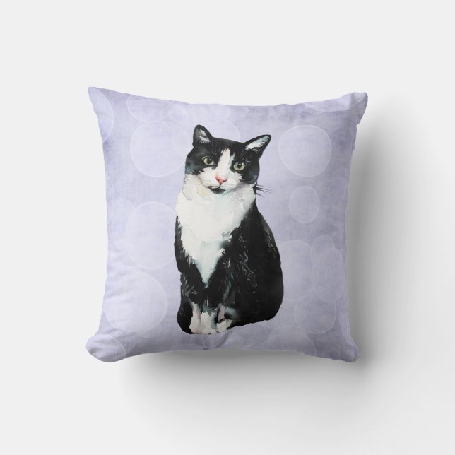 Almofada Gato preto & branco da aguarela do smoking (Frente)