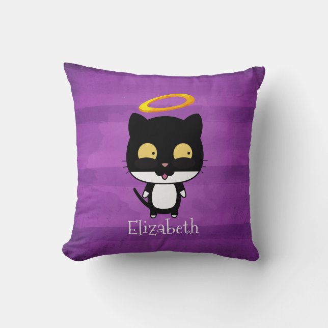 Almofada Gato Preto com Anjo Halo Bonito Ouro Personalizado (Frente)