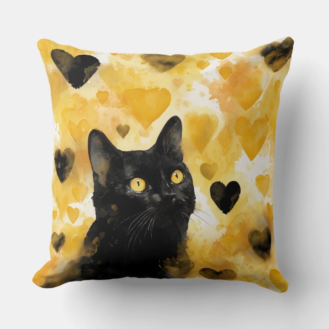 Almofada Gato Preto com Corações de Ouro e Preto (Frente)