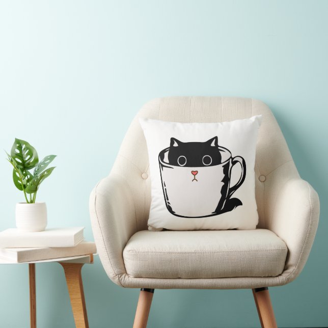 Almofada Gato preto com nariz vermelho escondido em um copo (Cadeira)
