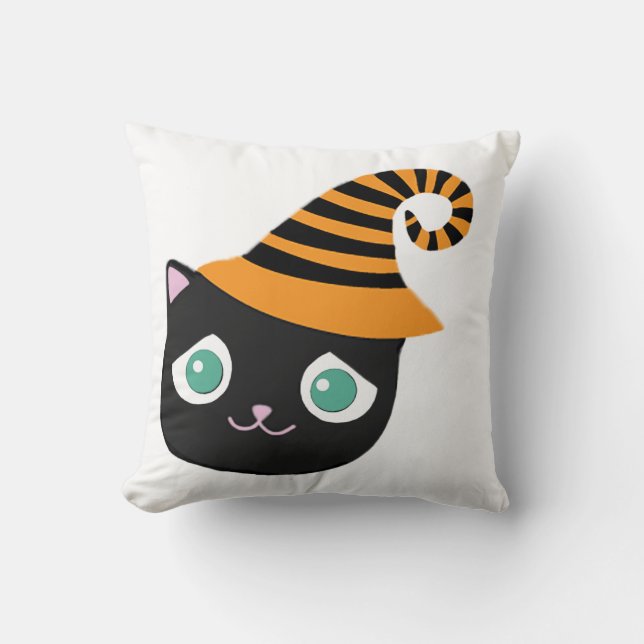 Almofada Gato Preto com Olhos Tristes e Chapéu Branco (Frente)