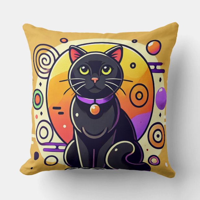 Almofada Gato Preto Com Padrões Geométricos (Frente)