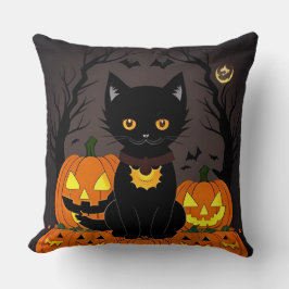 Almofada Gato Preto de Halloween Cercado por Jack-o'-Lanter