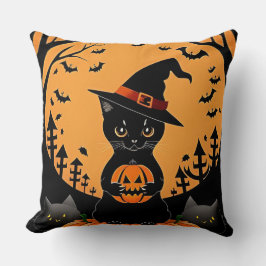 Almofada Gato Preto de Halloween Cercado por Jack-o'-Lanter