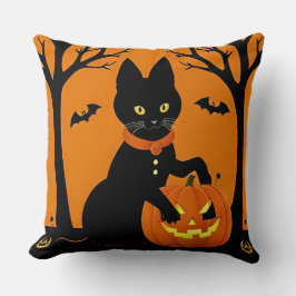 Almofada Gato Preto de Halloween Cercado por Jack-o'-Lanter