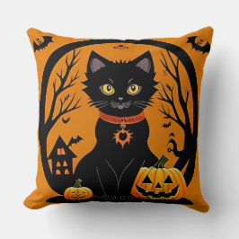 Almofada Gato Preto de Halloween Cercado por Jack-o'-Lanter