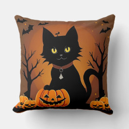 Almofada Gato Preto de Halloween Cercado por Jack-o'-Lanter