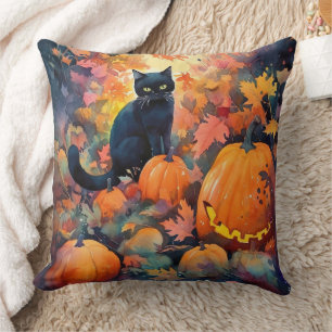 Almofada Gato Preto de Halloween com Abóboras Assustador