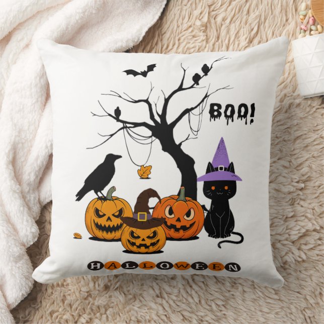 Almofada Gato Preto de Halloween Fofo com Abóboras (Cobertor)
