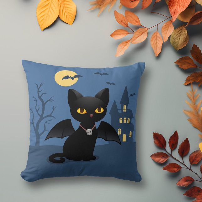 Almofada Gato Preto de Halloween Vampiro com Asas (Criador carregado)