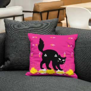 Almofada Gato Preto De Pet No Moderno Amarelo Cor-De-Rosa
