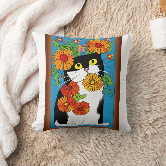 Almofada Gato Preto e Branco com Flores Amarelas (Cobertor)