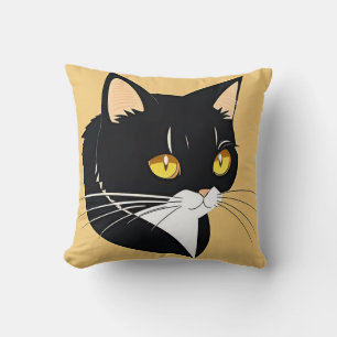 Almofada Gato Preto e Branco Com Olhos Amarelos Brilhantes