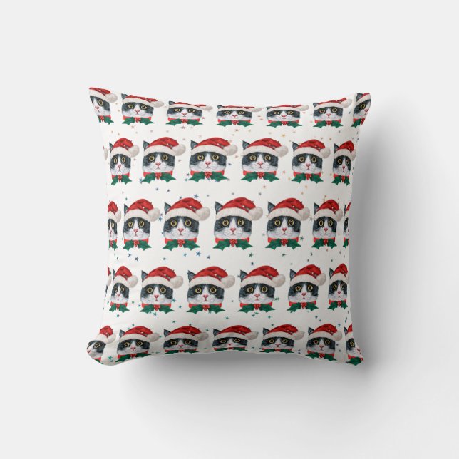 Almofada Gato Preto e Branco Fofo Com Chapéu de Papai Noel  (Frente)