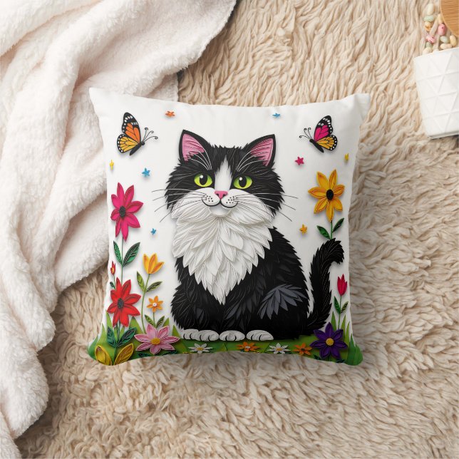 Almofada Gato Preto e Branco Fofo, Flores e Borboletas (Cobertor)