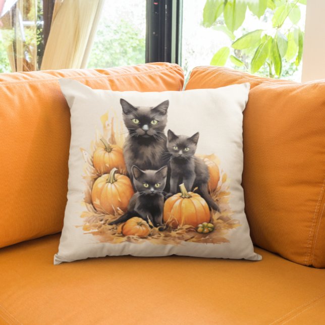 Almofada Gato Preto e Gatinhos de Aquarela Abóbora (Criador carregado)