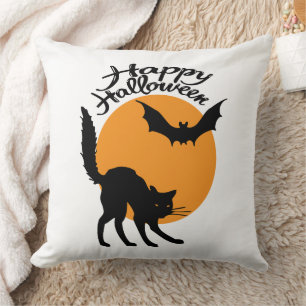 Almofada Gato preto e morcego de Halloween com lua, hallowe