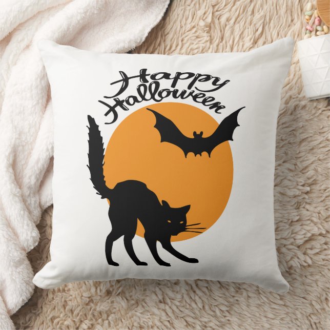 Almofada Gato preto e morcego de Halloween com lua, hallowe (Cobertor)