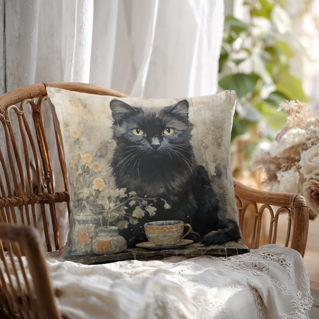 Almofada Gato Preto Elegante (Shabby Chic Black Cat Throw Pillow)