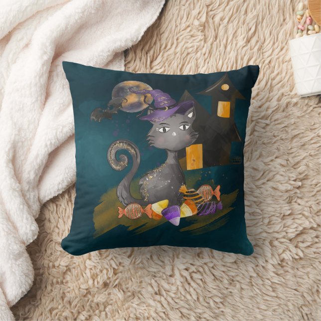 Almofada Gato Preto em Aquarela com doces, Halloween (Cobertor)