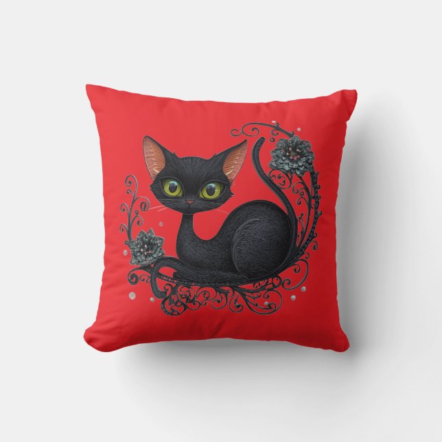 Almofada Gato Preto em um Berço de Flores (Frente)