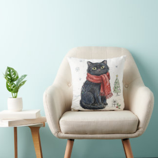 Almofada Gato Preto Fofo com Cachecol Vermelho Árvore de Na