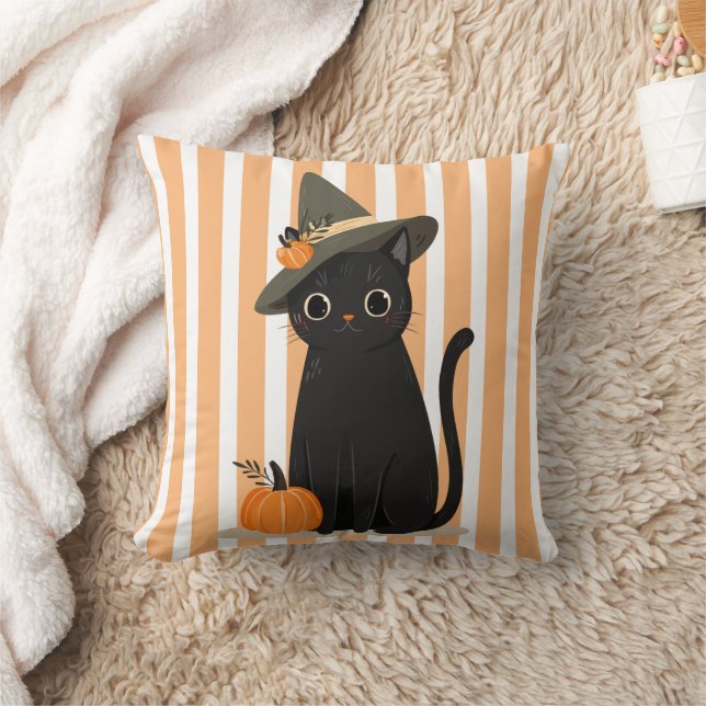 Almofada Gato Preto Fofo de Halloween com Chapéu de Bruxa e (Cobertor)